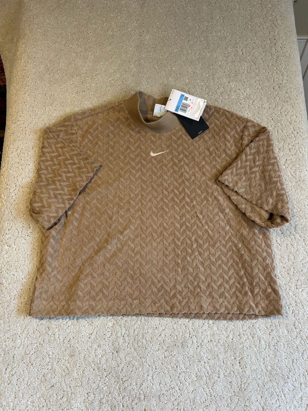 Nike Vintage Tan Brown Latte Chevron Terry Tufted Mock Neck Short Sleeve Medium